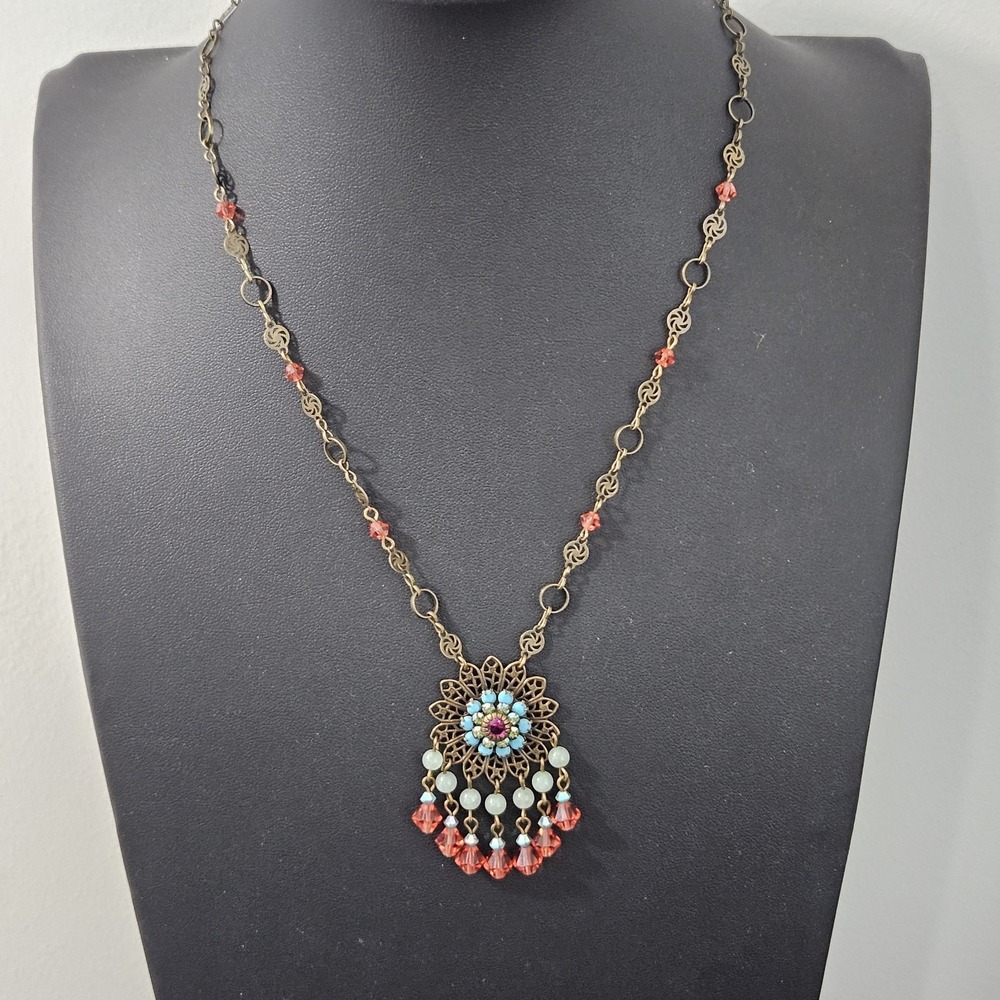 Liz Palacios S.F. Crystal Rhinestone Necklace Brass Pendant Dangle Pink 16"